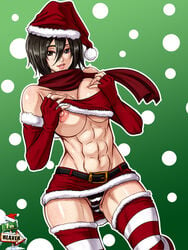 1girls 7th-heaven abs areolae arms asian asian_female athletic_female attack_on_titan belly beltskirt big_breasts breast_slip breasts chiseled chiseled_abs christmas female female_abs female_only large_breasts looking_at_viewer mikasa_ackerman muscles muscular muscular_abs muscular_female nipples red_skirt short_hair short_hair_female solo solo_female text thighhighs underboob watermark