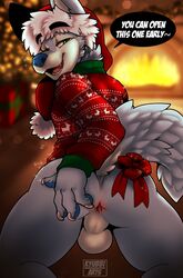 2019 4_fingers anthro anus ass balls blue_fur blue_nose bottomless canine christmas christmas_present christmas_sweater clothed clothing detailed_background diasuke77 english_text eyebrows finger_claws fur green_eyes grin hat holidays inside looking_at_viewer male male_only mammal presenting presenting_anus presenting_balls raised_tail ribbons santa_hat smile solo sparkles speech_bubble text white_fur