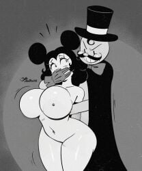 1boy 1girls big_breasts covering_mouth nipples nude nude_female tagme tagme_(character) villain