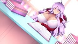 1girls ahoge arm_under_breasts blazer book book_stack bookshelf breasts cleavage commission covered_nipples curvy day dildo_riding female female_only grin hair_between_eyes hand_on_own_chest hourglass_figure implied_masturbation indoors large_breasts library long_hair long_sleeves looking_at_viewer lumarianne20 masturbation office_lady open_blazer open_book original pink_eyes pink_hair purple_eyes purple_hair reading shirt sitting sitting_on_dildo smile solo stealth_masturbation very_long_hair voluptuous window