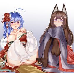 2girls absurdres ahoge alternate_costume amagi_(azur_lane) animal_ears anus ass azur_lane bangs bare_shoulders black_legwear blue_hair blunt_bangs blush breasts breasts_out brown_hair collarbone eyebrows_visible_through_hair feet flower fox_ears fur_collar gradient gradient_background hair_flower hair_ornament hand_on_own_chest heart heart-shaped_pupils highres japanese_clothes kimono large_breasts light-skinned_female light_skin long_hair looking_at_viewer multiple_girls nail_polish nipples no_shoes off_shoulder open_mouth parted_lips purple_eyes purple_kimono red_kimono red_nails shiny shiny_skin sidelocks soles st._louis_(azur_lane) st._louis_(spirits_in_the_snow)_(azur_lane) symbol-shaped_pupils thick_eyebrows thighhighs toes wenzheng147 white_legwear wide_sleeves