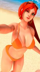 1girls 3d alternate_costume beach bra cassie_(paladins) cute earrings female geckoscave green_eyes hi-rez_studios looking_at_viewer paladins panties red_hair sand solo sunglasses_on_head sunkissed_cassie swimsuit thick_thighs water wink