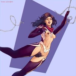 asian asian_female bare_breasts bare_midriff bare_thighs black_hair breasts breasts_out brown_eyes brown_nipples casual_nudity cindy_moon erotic_earth hairy_pussy labia lewdpala long_hair marvel marvel_comics partially_clothed partially_nude pubic_hair silk_(marvel) small_breasts spider-man_(series) visible_pussy