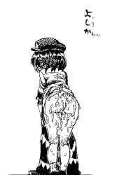 asakawa_remon ass blush bottomless cabbie_hat commentary_request cum cum_on_ass cum_on_body female from_behind full_body greyscale hat hat_ornament holding holding_unworn_clothes holding_unworn_skirt jiangshi looking_at_viewer looking_back miyako_yoshika monochrome shoes short_hair short_sleeves simple_background skirt socks solo star_(symbol) star_hat_ornament touhou translation_request unworn_skirt