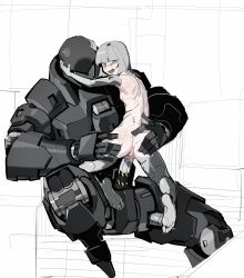 1boy cyborg female grabbing_ass grey_hair highres humanoid_robot male muscular on_top original original_character penetration penis pipebomb_(cracker68659106) pussy pussy_grip robot robot_humanoid robot_penis robotic_arm sex thick_penis vaginal_penetration worried