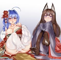 2girls absurdres ahoge alternate_costume amagi_(azur_lane) animal_ears anus ass azur_lane bangs bare_shoulders black_legwear blue_hair blunt_bangs blush breasts breasts_out brown_hair collarbone cum cum_on_body cum_on_clothes cum_on_feet cum_on_hair cum_on_lower_body cumdrip eyebrows_visible_through_hair facial feet flower footjob footjob_with_legwear fox_ears fur_collar gradient gradient_background hair_flower hair_ornament hand_on_own_chest heart heart-shaped_pupils highres japanese_clothes kimono large_breasts light-skinned_female light_skin long_hair looking_at_viewer multiple_girls nail_polish nipples no_shoes off_shoulder open_mouth parted_lips purple_eyes purple_kimono red_kimono red_nails shiny shiny_skin sidelocks soles st._louis_(azur_lane) st._louis_(spirits_in_the_snow)_(azur_lane) symbol-shaped_pupils thick_eyebrows thighhighs toes wenzheng147 white_legwear wide_sleeves