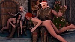 2boys 2girls 3d areolae ass black_hair breasts cd_projekt_red christmas geralt_of_rivia letho_of_gulet nipples red_hair shittyhorsey spanking the_witcher the_witcher_(series) the_witcher_2 the_witcher_3:_wild_hunt triss_merigold white_hair yennefer