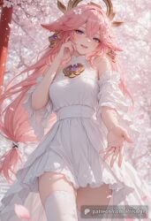 ai_generated bangs beautiful cherry_blossoms clothing dress female female_only fox_ears fox_girl genshin_impact gorgeous hoyoverse legs light_skin light_skinned_female looking_at_viewer mihoyo pink_hair prisarts purple_eyes shrine shrine_maiden thighhighs thighs white_dress yae_miko yae_miko_(genshin_impact)