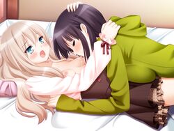 2girls bed black_hair blonde_hair blush breast_sucking breasts closed_eyes couple fuguriya game_cg green_eyes kawamura_reo long_hair lying moaning multiple_girls nipples official_art open_mouth peko sawaguchi_mai short_hair small_breasts sono_hanabira_ni_kuchizuke_wo yuri