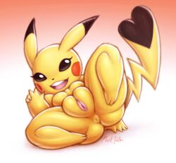 1girls 2018 3_toes 5_fingers anthro anthrofied anus ass big_ass big_ears black_nose breasts brown_eyes busty_feral cleft_tail cosplay_pikachu eyelashes featureless_breasts female female_only feral fur furry looking_at_viewer mark_patten nintendo on_back open_mouth open_smile peace_sign pikachu plump_labia pokémon_(species) pokemon pokemon_rgby presenting presenting_anus presenting_hindquarters presenting_pussy pussy rodent shortstack simple_background smile solo source_request spread_legs spreading tail teeth text thick_thighs toes tongue v video_games watermark wide_hips yellow_fur