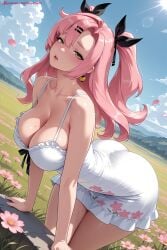 1girl ai_generated bangs bare_shoulders black_ribbon blush breasts cherry_blossoms cleavage collarbone day dress flower hair_ornament hair_ribbon hairclip heart hi_res high_quality high_resolution kiraamane large_breasts long_hair looking_at_viewer nicole_demara open_mouth patreon petals pink_hair ribbon seductive sexy sleeveless solo uncensored water watermark white_dress zenless_zone_zero