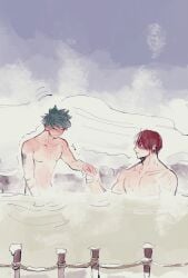 2boys abs bath bathing blush boku_no_hero_academia bones_(company) closed_eyes completely_nude embarrassed freckles gay gay_male holding_hands hot_springs izuku_midoriya male male_only messy_hair midoriya_izuku my_hero_academia nervous nude pectorals scar shounen_jump shouto_todoroki sxynyz tododeku todoroki_shouto two-tone_hair water wavy_mouth wet yaoi