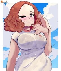 big_breasts breasts chubby_belly chubby_female fanning_self haru_okumura lalodoesstuff persona persona_5 solo_focus sweat sweaty sweaty_breasts wide_hips