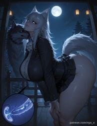 nyx_x ai_generated 1girl night breasts animal_penis animal_ears dog_penis moon skirt blue_eyes tail wolf full_moon long_hair night_sky sky werewolf thighs wolf_ears huge_breasts white_hair thick_thighs outdoors penis wolf_tail bestiality pleated_skirt dog cum animal glowing_eyes miniskirt parted_lips black_skirt ass collar hetero bent_over no_panties cross-section tree jacket glowing hair_between_eyes jewelry sex brooch lantern