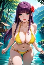 loretta_lecarde castlevania castlevania:_portrait_of_ruin bikini yellow_bikini pale_skin pale-skinned_female ai_generated 1girls purple_hair blue_eyes flower flower_in_hair long_hair red_lipstick red_lips jungle outdoors smile looking_at_viewer smiling_at_viewer large_breasts breasts