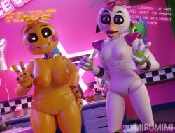 3d 3d_(artwork) bedroom cupcake cupcake_(fnaf) dialogue duo female female/female five_nights_at_freddy's five_nights_at_freddy's:_security_breach five_nights_at_freddy's_2 food gesture glamrock_chica hand_gesture hi_res humanoid looking_at_viewer mirror mirror_reflection mirumimi plushie reflection scottgames steel_wool_studios text toy_chica_(fnaf) v_sign
