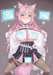 1girl absurdres animal_ear_piercing animal_ears antenna_hair belt black_belt black_choker black_skirt blush braid braided_bun breasts brown_pantyhose chest_belt choker closed_mouth coat collared_shirt commentary_request crown_braid double_bun fingernails frilled_shirt frills gozaru hair_bun hair_intakes hair_ribbon hakui_koyori hakui_koyori_(1st_costume) heart heart_choker high-waist_skirt highres holographic_interface hololive lab_coat large_breasts long_hair long_sleeves looking_at_viewer multicolored_eyes nail_polish necktie object_insertion pantyhose penis_print pink_eyes pink_hair pink_nails pink_necktie pink_skirt pink_tail pleated_skirt pouch pussy_juice red_ribbon ribbon shirt skirt smile solo tail test_tube thigh_pouch thighs two-tone_eyes two-tone_skirt uterus_print virtual_youtuber white_belt white_coat white_shirt wolf_ears wolf_girl wolf_tail