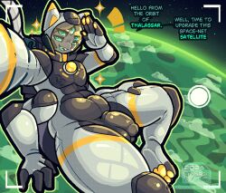 alien anthro arachnid armor arthropod balls_outline blue_eyes bulge clothed clothing detailed_bulge digital_media_(artwork) earth english_text feet felid femboy floating fur genital_outline genitals gesture greeting hair headgear helmet looking_at_viewer male mammal multi_arm multi_eye multi_limb nagifur open_mouth pawpads paws penis penis_outline planet salute selfie smile solo space spacesuit spider text toes webber_(nagifur)