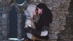 2girls 3d black_hair cd_projekt_red ciri female female_only fully_clothed hand_on_arm kissing multiple_girls romantic shittyhorsey the_witcher_(series) the_witcher_3:_wild_hunt white_hair yennefer yuri