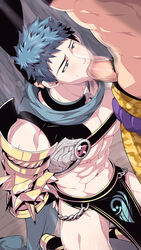 2boys abs arms_behind_back blackmonkey_pro blue_eyes blue_hair bound_wrists collar hand_on_another's_head kneeling male male_nipples male_only matching_hair/eyes multiple_boys muscular nipples oral penis_in_mouth questionable_consent yaoi