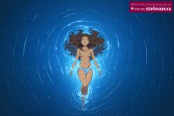 ai_generated ai_assisted stelmazura katara nicktoons nickelodeon avatar_the_last_airbender 1girl solo long_hair breasts looking_at_viewer smile blue_eyes brown_hair navel medium_breasts nipples collarbone full_body nude barefoot dark_skin water dark-skinned_female completely_nude night from_above star_(sky) breasts_apart partially_submerged starry_sky ripples afloat