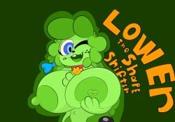 absurd_res alpog21_(artist) anthro big_breasts big_nipples blue_eyes blue_ribbon breasts collar female female_only freckles fur gold_(metal) green_body green_breasts green_head green_nipples happy hi_res holding_breast lagomorph leporid lower_(sweet2delow) mammal nipples one_eye_closed rabbit red_collar solo tail wink