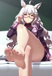 3d 3d_animation ai_generated big_thighs biwa_hayahide_(umamusume) blush feet feet_fetish feet_focus feet_up female foot_fetish foot_focus glasses lift_shoe looking_at_viewer pov short_video showing_feet showing_foot sitting_on_bed tagme umamusume umamusume_pretty_derby video