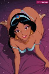 ai_generated ai_assisted jasmine disney disney_princess princess princess_jasmine aladdin stelmazura 1girl solo long_hair breasts looking_at_viewer smile black_hair brown_eyes jewelry underwear nipples panties ass hairband earrings small_breasts parted_lips dark_skin necklace bra high_heels dark-skinned_female lips makeup shadow bed_sheet on_bed from_above underwear_only lingerie lipstick all_fours strap_slip eyeshadow thong blue_panties blue_bra downblouse open_bra
