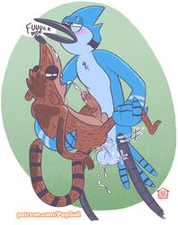 2boys anal anal_penetration anal_sex avian balls blush carrying cartoon_network cum cum_in_ass cum_on_face cum_on_self cum_while_penetrated furry furry_only gay lifted male male_only masturbation mordecai_(regular_show) no_humans open_mouth penis raccoon regular_show rigby_(regular_show) size_difference testicles thatpuggy yaoi