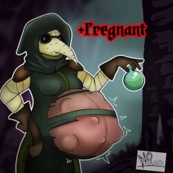 baby_kicking belly_button belly_kicking clothed fetal_movement looking_at_viewer plague_doctor popped_navel potion pregnant pregnant_belly pregnant_female ripped_clothing sweat sweating