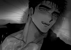 1boy ahegao bar_censor bara black_hair blush censored cum cum_in_mouth cum_in_nose cum_on_body cum_overflow cum_string domo_(domo_kizusuki) forehead fucked_silly happy kokado_shido_(domo) large_pectorals lying male_focus muscular muscular_male open_clothes open_shirt orgasm original pectoral_cleavage pectorals penis rolling_eyes short_hair sideburns smile spiked_hair sweat tareme thick_eyebrows very_sweaty wet wet_hair