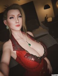 1girls 3d 3d_(artwork) azexnsfw scarlet_(ffvii) final_fantasy final_fantasy_vii final_fantasy_vii_remake bimbo mature mature_female mature_woman milf earrings ear_piercing lips necklace neckwear blonde_hair hair huge_breasts big_breasts breasts selfie selfie_pose pose posing breast_focus upper_body solo solo_female female female_only alternate_version_available red_dress dress clothing cleavage sleeveless_dress