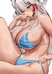 1girl 1girls bikini blue_bikini blushing female green_eyes large_breasts neila_(vtuber) nyaneila plain_background red_and_black_hair solo tagme white_and_red_hair white_hair