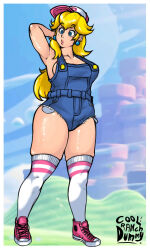 blonde_hair blue_eyes blue_overalls breasts coolranchdummy ear_piercing eyelashes front_view hand_behind_head long_hair mario_(series) overalls pink_shoes princess_peach side_boob tan_skin thick_thighs thigh_high_socks thigh_squish white_border white_socks wide_hips