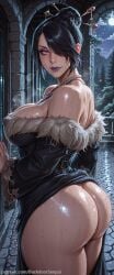 ai_generated backdoorsenpai 1girl black_hair hair_ornament red_eyes single_hair_bun purple_lips hair_stick braid hair_over_one_eye black_dress jewelry fur_trim multiple_belts beltskirt makeup lipstick earrings necklace mole_under_mouth bare_shoulders eyeshadow belt long_hair mole nail_polish mature_female curvy wide_hips thick_thighs big_ass large_breasts thighs ass perky_breasts egao naughty_face naugty_eyes bottomless breasts convenient_censoring no_panties nude solo steam_censor strategically_placed_objects sweat towel lulu_(final_fantasy) final_fantasy final_fantasy_x