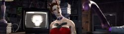 1boy 3d 3d_(artwork) 3dcg absurd_res absurd_resolution absurdres arm_tattoos bare_shoulders beautiful_woman blue_eyes brown_hair_female cinematic collar collarbone cutscene dildo earrings emotionless emotionless_female expressionless fake_horns female game_cg high_resolution highres horn_headband indifferent lamp long_dildo mature_female mature_woman multiple_tattoos penis red_tubetop saints_row saints_row_the_third shogunxdd short_hair_female source_request tattoos teardrop_tattoo the_boss_(shogun) tubetop tv_screen unbothered uncaring uncaring_female widescreen