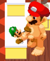 2boys anal animated brown_hair feet gay gderror green_hat incest kitchen luigi male male/male mario mario_(series) nintendo pixel_animation pixel_art red_hat shoes size_difference spread_legs yaoi