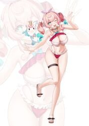 1girl ;o alternate_breast_size_(larger) aqua_eyes aqua_hair bikini breasts cleavage commentary_request drill_hair higashiwun_izumi highres holding honkai:_star_rail honkai_(series) hyacine_(honkai:_star_rail) large_breasts little_ica_(honkai:_star_rail) long_legs looking_at_viewer medium_hair midriff mismatched_bikini multicolored_hair navel one_eye_closed pegasus pink_hair purple_bikini sandals solo swimsuit thigh_strap twin_drills twintails two-tone_hair white_background white_bikini zoom_layer female female_only female_focus medium_breasts big_breasts wink cute red_bikini hips hips_wider_than_shoulders absurdres pigtails blue_hair petite petite_body petite_female collar collarbone jewelry mouth_open hair_ornament best_girl ass big_ass huge_ass posing