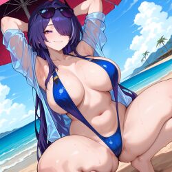 zeroofhearts ai_generated acheron_(honkai:_star_rail) honkai:_star_rail 1girls solo long_hair breasts looking_at_viewer blush smile bangs blue_eyes large_breasts navel blue_hair purple_eyes collarbone swimsuit purple_hair thighs outdoors open_clothes sky day spread_legs armpits hair_over_one_eye arms_up wet see-through one-piece_swimsuit open_shirt cameltoe umbrella beach squatting sunglasses arms_behind_head eyewear_on_head slingshot_swimsuit beach_umbrella
