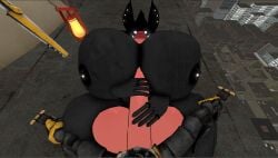 rooftop rooftop_sex davecheeswzr karelia_(acerattman) swordsmachine_(ultrakill) hyper_breasts hyper_penis hyper_balls hyper_thighs paizuri lantern sword tent urban urban_background urban_explorer nipple_piercing sfm 3d
