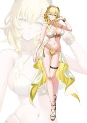 1girl aglaea_(honkai:_star_rail) bikini blonde_hair breast_tattoo breasts commentary gold_tattoo green_eyes higashiwun_izumi highres honkai:_star_rail honkai_(series) large_breasts laurel_crown looking_at_viewer mismatched_bikini navel sandals short_hair solo stomach swimsuit tattoo thigh_strap thighs toes untranslatable_commentary white_background white_bikini yellow_bikini zoom_layer female female_only female_focus no_pupils blind big_breasts huge_breasts massive_breasts tattoo_on_breast gold_bikini jewelry golden_hair goddess hair_ornament beautiful mommy thick_thighs hips hips_wider_than_shoulders absurdres belly belly_button flower elegant gorgeous bracelet smile