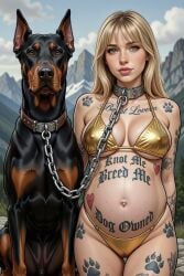 ai_assisted ai_generated bestiality_tattoo big_breasts bikini blonde_hair blue_eyes breasts cameltoe canine canine_on_human chains cleavage collar couple domestic_dog female female_on_feral femsub feral feral_on_female feral_on_human gold_bikini human human_female human_on_feral imminent_bestiality implied_bestiality implied_sex interspecies interspecies_pregnancy large_breasts leash leash_and_collar light-skinned_female light_skin looking_at_viewer mascara nipple_bulge outside paw_tattoo pawprint pregnant pregnant_belly pregnant_female tattoo unknown_artist zoophilia zoophilia_pregnancy
