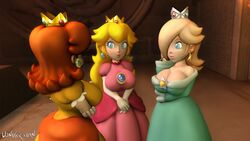 3d 3girls ass_in_dress blue_dress breast_lift breasts cleavage clothed clothing curvy dress earrings elbow_gloves eyelashes female female_only flipped_hair flower_earrings gloves hair_over_one_eye highres huge_breasts human indoors long_hair looking_at_another mario_(series) multiple_girls nintendo orange_dress pink_dress platinum_blonde_hair princess_daisy princess_peach princess_rosalina puffy_sleeves sideboob sidelocks signature standing star_earrings tight_clothing very_long_hair voluptuous wonster-chan yellow_dress