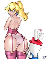 1boy 1girls ass big_ass big_butt blonde_hair breasts camera colored covering_breasts curvaceous curvy dat_ass huge_ass human ilusivemancolor leggings lingerie mario_(series) mario_+_rabbids mario_+_rabbids:_kingdom_battle nintendo panties phone ponytail princess_peach rabbid rabbid_mario raccoon-in-disguise raving_rabbids recording size_difference text thighhighs watermark white_background wide_hips