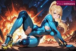 ai_generated ai_assisted stelmazura samus_aran metroid nintendo 1girl solo long_hair breasts looking_at_viewer blush smile bangs blue_eyes blonde_hair large_breasts nipples ponytail thighs sweat outdoors parted_lips sky shiny spread_legs mole high_heels shiny_hair lips shiny_skin torn_clothes bodysuit covered_navel night arm_support star_(sky) night_sky mole_under_mouth skin_tight starry_sky shiny_clothes explosion blue_bodysuit shooting_star torn_bodysuit zero_suit