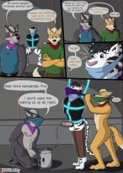 absurd_res anthro balls bdsm bondage bound canid canine canis captured cloth_gag clothed clothing comic comic_panel dialogue english_text erection eye_patch eyewear foreskin fox fox_mccloud fur gag gagged gagged_dominant genitals green_eyes grey_body grey_fur group hair hi_res kerchief kidnapping machine male male/male mammal milking_cum milking_machine nintendo nipples nude nude_anthro nude_male ollieotty orange_body orange_fur penile penis penis_milking red_eyes restraints speech_bubble star_fox straitjacket tail text trio two_doms_one_sub wolf wolf_o'donnell