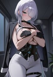 1girls ai_generated black_gloves blue_eyes blush brid_(nikke) brid_(silent_track)_(nikke) corset, covering_breasts embarrassed embarrassed_female female female_only gloves goddess_of_victory:_nikke hair_over_one_eye huge_breasts jacket jacket_on_shoulders large_breasts pale-skinned_female pale_skin white_pants