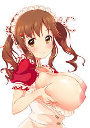 areolae bangs blush breast_grab breasts brooch brown_eyes brown_hair buttons cleavage closed_mouth collarbone collared_shirt commentary curly_hair eyebrows_visible_through_hair female grabbing hair_ornament hairclip head_tilt headdress huge_breasts idolmaster idolmaster_cinderella_girls idolmaster_cinderella_girls_starlight_stage jewelry large_areolae long_hair looking_at_viewer nakasima-syouta nipples puffy_short_sleeves puffy_sleeves ribbon_trim shirt shirt_pull short_sleeves sidelocks simple_background smile solo tareme totoki_airi twintails upper_body white_background