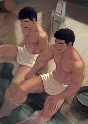 2boys abs barefoot black_hair dainyuu_(dgls) hot_spring male_only muscles onsen towel_around_waist towel_only