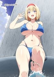 1girl alice_margatroid alternate_costume barefoot bikini blonde_hair blue_bikini blue_eyes blue_sky blush breasts cleavage cloud commentary_request day hairband halterneck highres kyanta5354 large_breasts looking_at_viewer navel open_mouth red_hairband short_hair sky soles solo stomach string_bikini swimsuit teeth toes touhou twitter_username upper_teeth_only w water